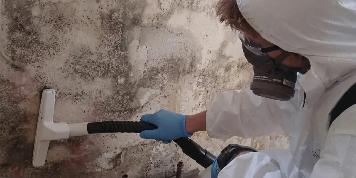 professional mold removal technician wearing protective equipment removing mold from a wall in Seattle, WA